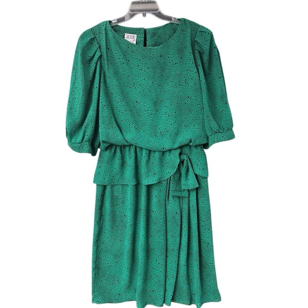 VTG 80s JB Too Green Abstract Artsy Blouson Elastic Waist Midi Dress Size Medium